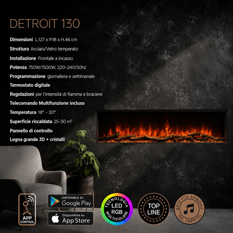 Camino elettrico da incasso a parete frontale L 130 LED RGB APP DETROIT130