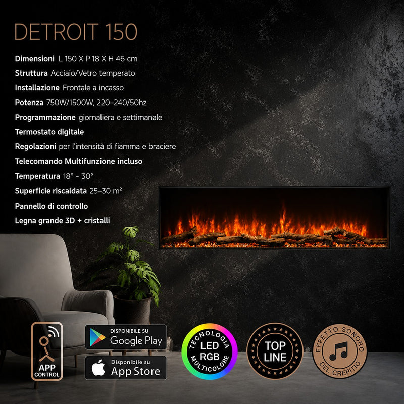 Camino elettrico da incasso a parete frontale L 150 LED RGB APP DETROIT150