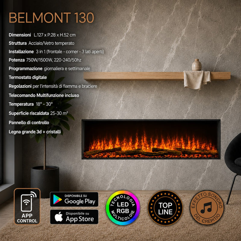 Camino elettrico da incasso a parete 3 lati L 130 LED RGB APP BELMONT130