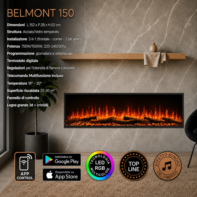Camino elettrico da incasso a parete 3 lati L 150 LED RGB APP BELMONT150