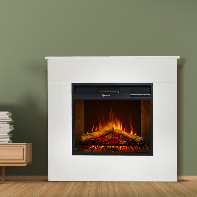 Camino elettrico caminetto da terra in legno bianco MICHELANGELO 96x36x90h